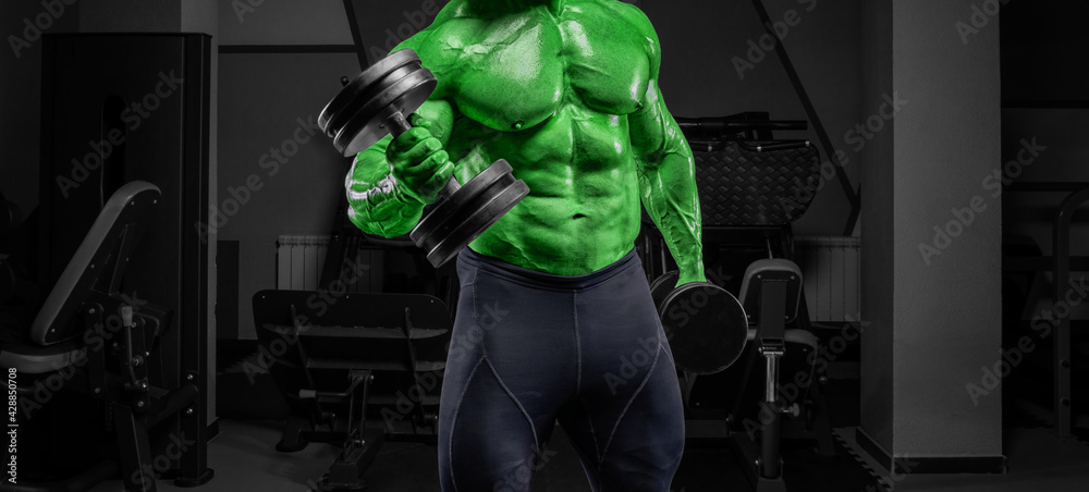 Powerful bodybuilder with green skin training in the gym with dumbbells. No  name portrait. Stock Photo | Adobe Stock