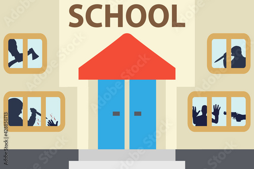 school facade with silhouettes of threatening man with knife and hand with gun and arm with ax in the windows,concept vector illustration