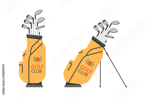 Golf bag with clubs. Golfer sports equipment. flat style