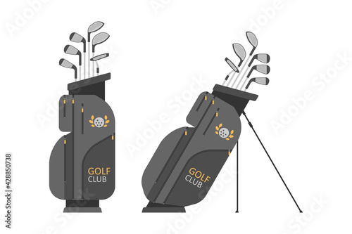 Golf bag with clubs. Golfer sports equipment. flat style