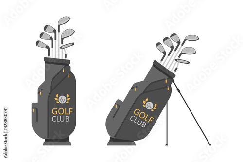 Golf bag with clubs. Golfer sports equipment. flat style