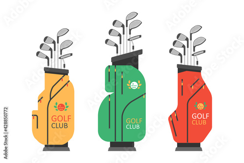 Golf bag with clubs. Golfer sports equipment. flat style