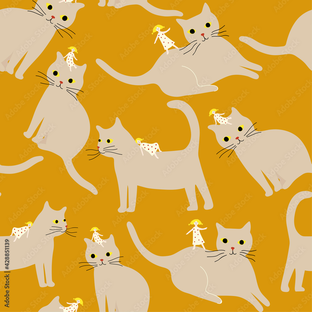 Cute vector pattern with funny tiny girl and her big grey cat repeated on  broun background. Simple and stylish Scandinavian print.