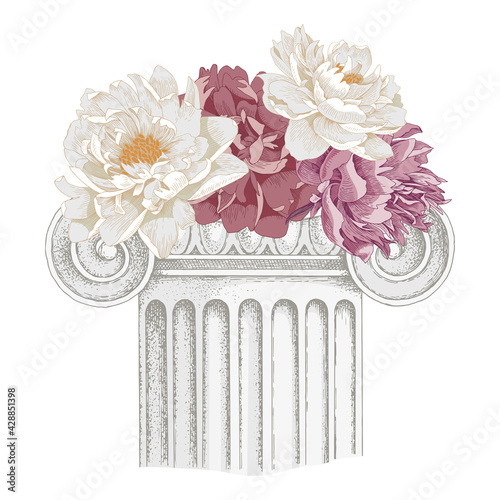 Classic antique marble column with flowers