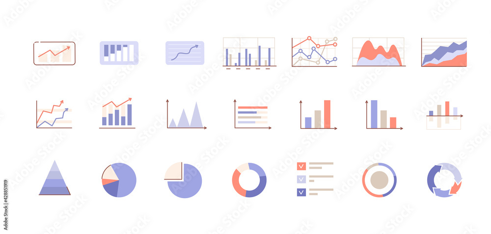 Various Business Chart and Graphics Icons Collection. Diagrams, Arrows, Histograms, Pie Charts and other Analysis and Statistic Symbols.  Flat Line Cartoon Vector Illustration. - obrazy, fototapety, plakaty 