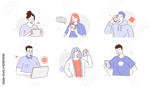 Young Fashionable People Looking on Smartphones, Laptop and Chatting. Happy Boys and Girls talking and typing on Phones. Female and Male Characters. Flat Line Cartoon Vector Illustration and Icon Set.