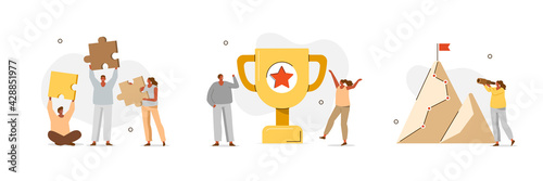 Various Success and Goals Icons. Characters standing near Gold Cup and Celebrating Victory, Successfully Collecting Puzzle and Climbing on Mountain. Flat Cartoon Vector Illustration and Icons Set.
