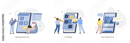 Various Design and Development Icons. Developers Planning  Prototype, Programming User Interface and Testing Mobile App. UI Design and User Experience Concept. Flat Cartoon Vector Illustration.
