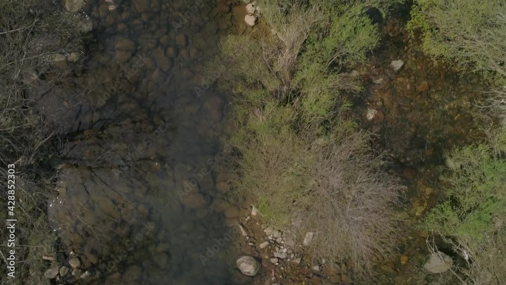 Top down drone view of majestic forest river with stones Top down drone view of majestic forest river with stones
