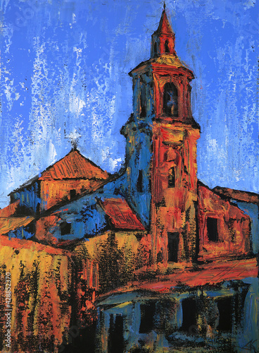 Art painting of the Iglesia parroquial de San Pedro Apstolo in Alba de Tormes city, Spain © denys_kuvaiev