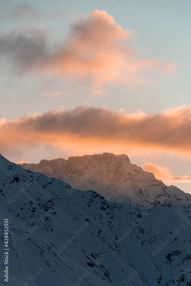 sunrise in the Swiss mountainy by the Bernina 