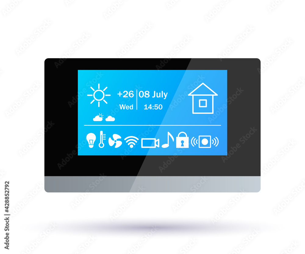 Smart home control panel. Application icons. climate control, alarm, music, security, video surveillance, electricity, internet wi-fi.
