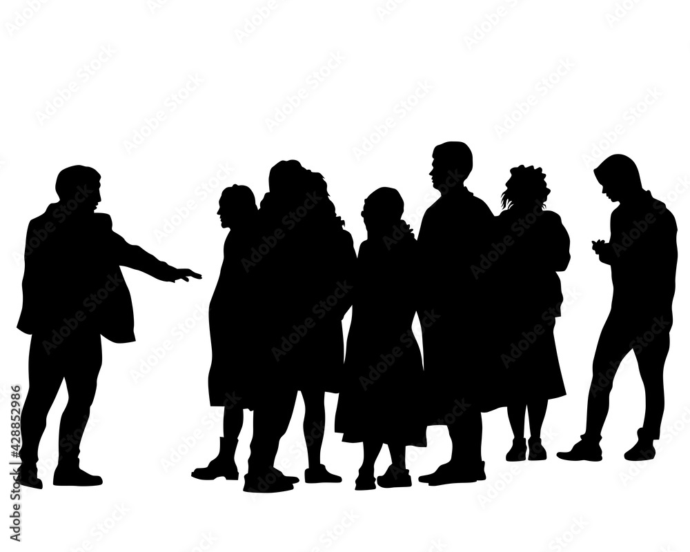 Man and women walking on street. Isolated silhouette on a white background