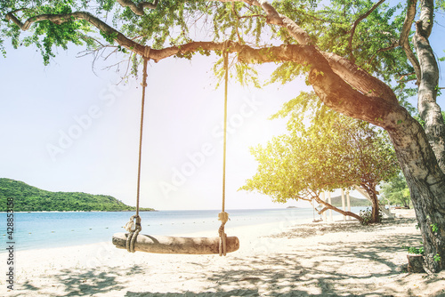 Swing tied under tree with beach and seaside fresh sky background. Holiday and Vacation concept. Chilling and Relax concept. Fresh Holiday. Alone concept © setthawuth