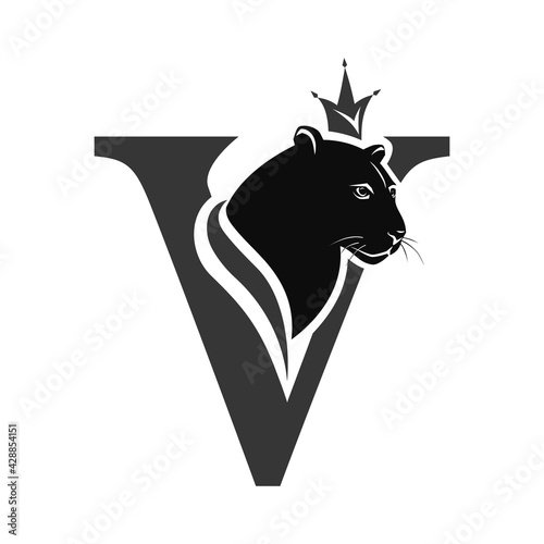 Capital Letter V with Black Panther. Royal Logo. Cougar Head Profile. Stylish Template. Tattoo. Creative Art Design. Emblem  for Brand Name, Sports Club, Printing on Clothing. Vector illustration