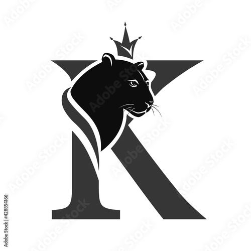 Capital Letter K with Black Panther. Royal Logo. Cougar Head Profile. Stylish Template. Tattoo. Creative Art Design. Emblem  for Brand Name, Sports Club, Printing on Clothing. Vector illustration