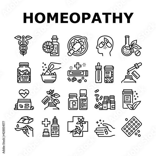 Homeopathy Medicine Collection Icons Set Vector. Medicaments And Vitamins Prepared From Natural Bio Plant, Homeopathy Pills And Drug Container Black Contour Illustrations