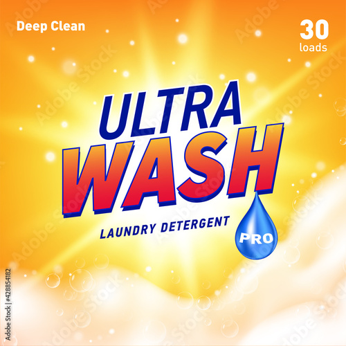 Detergent package design template with lens flare and realistic soap foam.