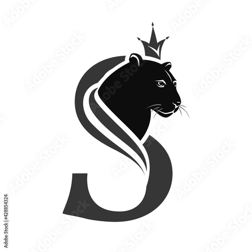 Capital Letter S with Black Panther. Royal Logo. Cougar Head Profile. Stylish Template. Tattoo. Creative Art Design. Emblem  for Brand Name, Sports Club, Printing on Clothing. Vector illustration photo