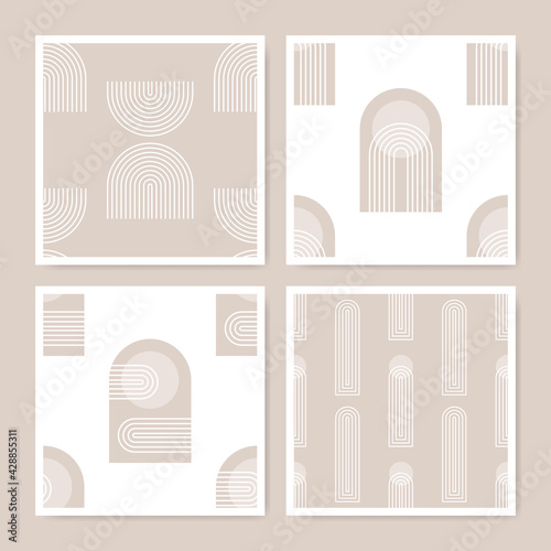 Arches abstract seamless patterns. Arc wallpaper set in minimalist style. Boho home textures in pastel colors. Geometric decor print illustrations.