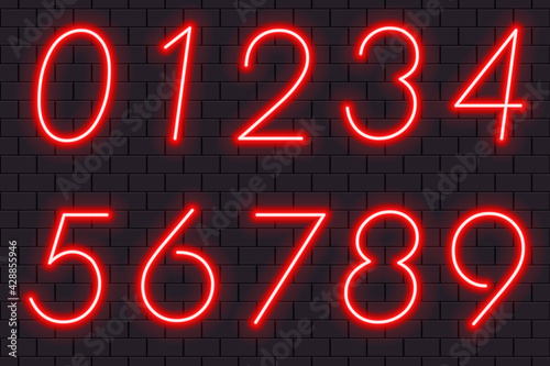 Set of red neon numbers from "0" to "9".