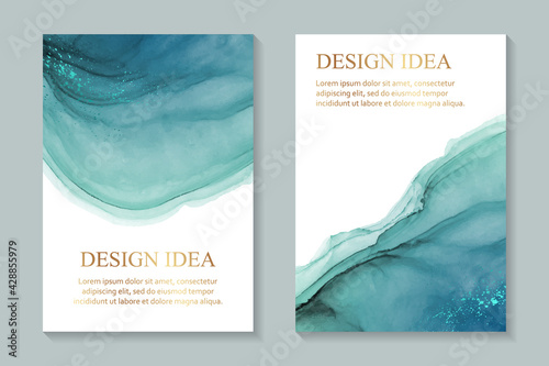 Modern watercolor backgrounds or elegant card design for birthday invite or wedding or menu with abstract teal ink waves and metallic splashes on a white. Colored with overlay layers, easy to recolor.