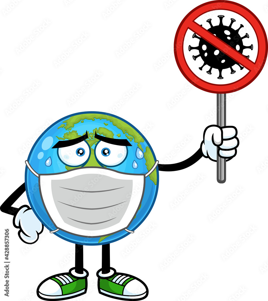 Sick Earth Globe Cartoon Character With Face Mask Holding A Stop Sign. Vector Hand Drawn Illustration Isolated On Transparent Background Sick Earth Globe Cartoon Character With Face Mask Holding A Stop Sign. Vector Hand Drawn Illustration Isolated On Transparent Background