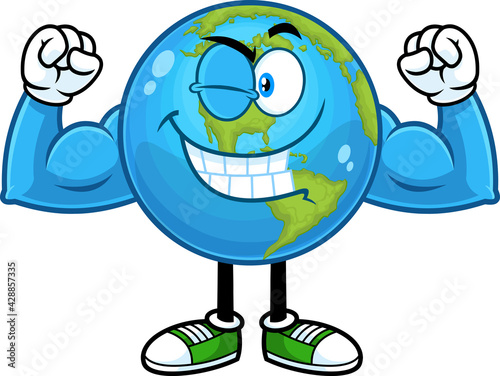 Smiling Earth Globe Cartoon Character Winking And Showing Muscle Arms. Vector Hand Drawn Illustration Isolated On Transparent Background