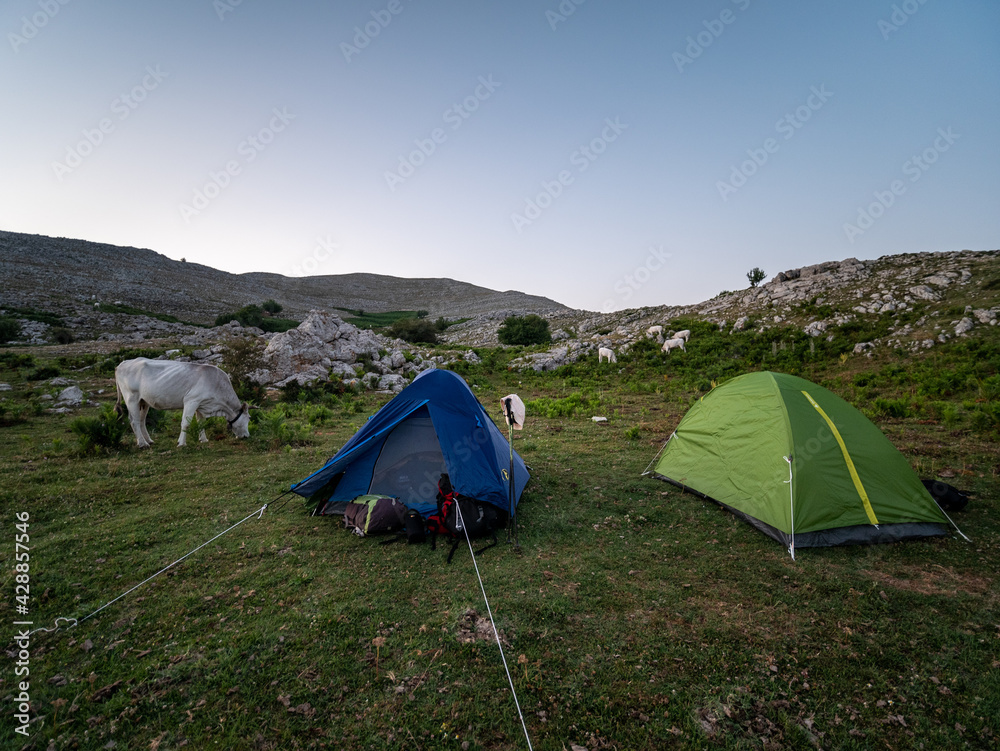 tents in camp near Mount Redentore on the Aurunci Mountains. Formia, Latina, Lazio, Italy