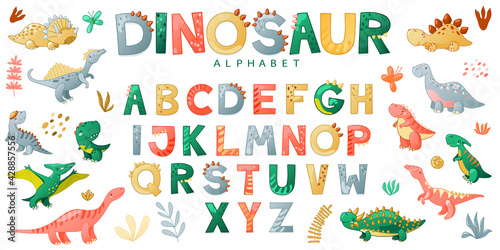 Cartoon cute dinosaur alphabet. Vector illustration with dino for t-shirts, cards, posters, birthday party, paper design, kids and nursery design. photo