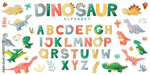 Fototapeta samoprzylepna Cartoon cute dinosaur alphabet. Vector illustration with dino for t-shirts, cards, posters, birthday party, paper design, kids and nursery design.
