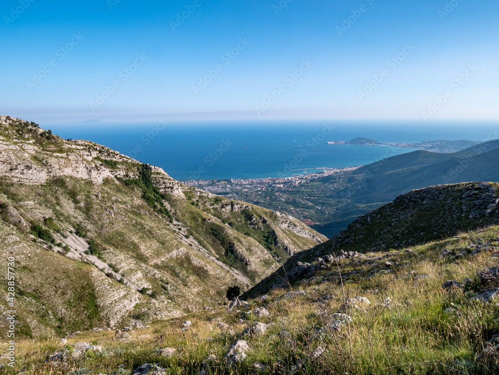 panorama of Gaeta,  Formia e Scauri seen from the Aurunci Mountains. Mount Redentore, Latina, Lazio, Italy