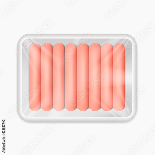 Sausages in white plastic tray packaging. Vector 3d realistic mockup. package food template. Ready for design. Top view. EPS10.
