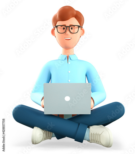 Wallpaper Mural 3D illustration of smiling man with laptop sitting on the floor in yoga lotus position. Cartoon businessman, freelancer using social networks, online working. Workplace concept. Torontodigital.ca