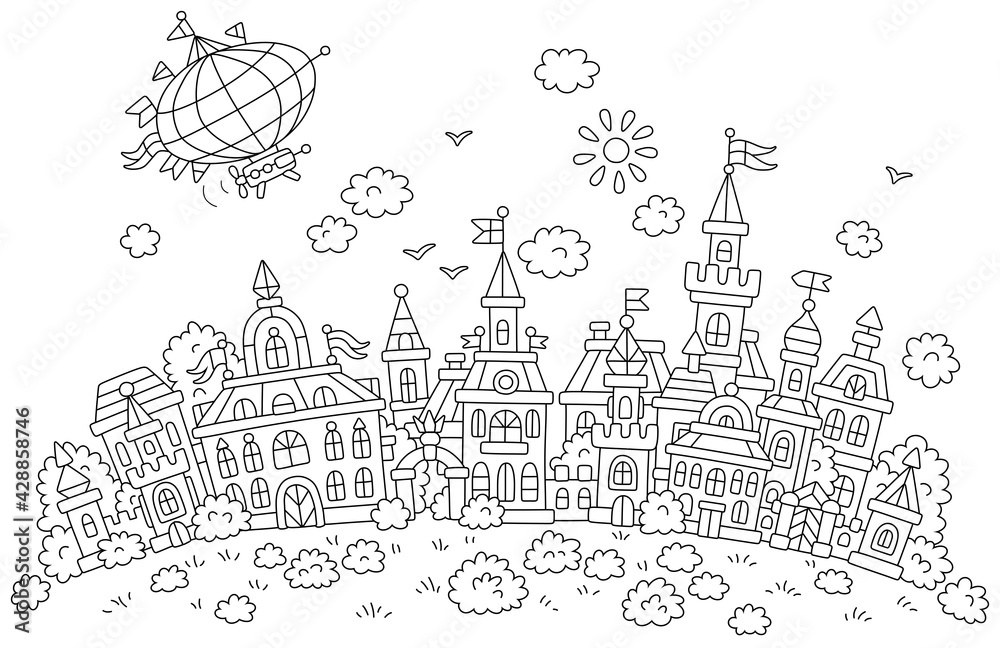 Airship flying over pretty houses, castles, palaces and towers of an old small town from a fairytale on a sunny summer day, black and white outline vector cartoon for a coloring book page