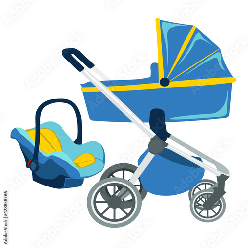 Baby stroller transformer blue. Set of vector baby carriages. Newborn things for walking. Things necessary for transporting a child and walking with a newborn. Baby stroller three in one. Modular baby