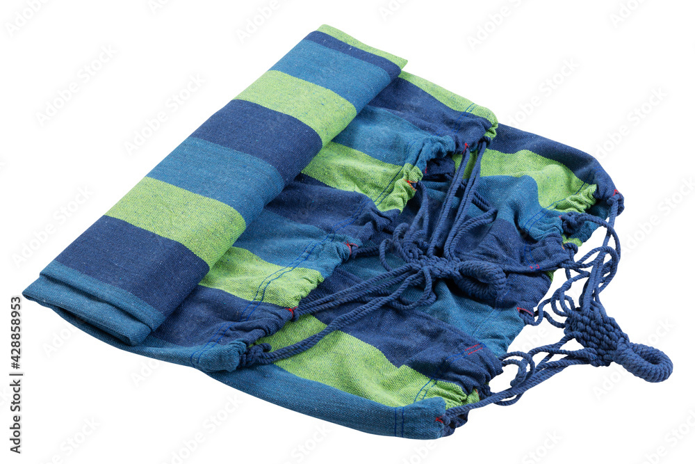 hammock in blue and green stripes, lies partially unfolded, on a white background