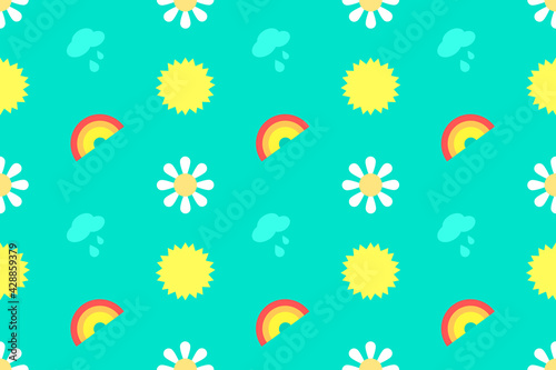Seamless summer background of white chamomile flowers and sun  rain cloud and rainbow