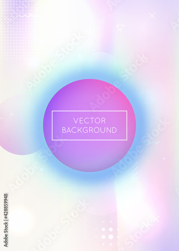 Dynamic shape background with liquid fluid. Holographic bauhaus gradient with memphis elements.