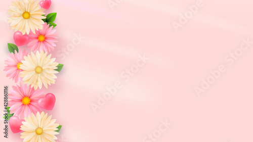 Delicate Spring Flowers Light Background. Heart Shape. Minimalistic Composition Template for poster, holiday cards. Vector