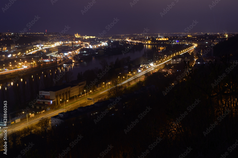 City at night, night landscape, blurred traffic