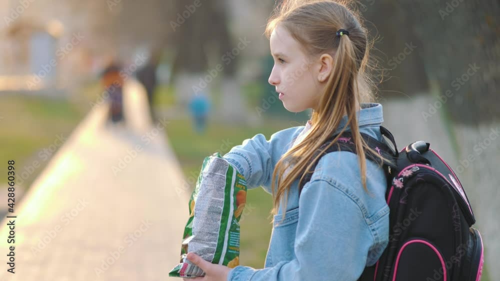 Young school girl eating chips from packet on street. Child eating chips close-up face. Little girl resting on a picnic in the park eating potato chips. Lifestyle concept. Stock ビデオ | Adobe Stock