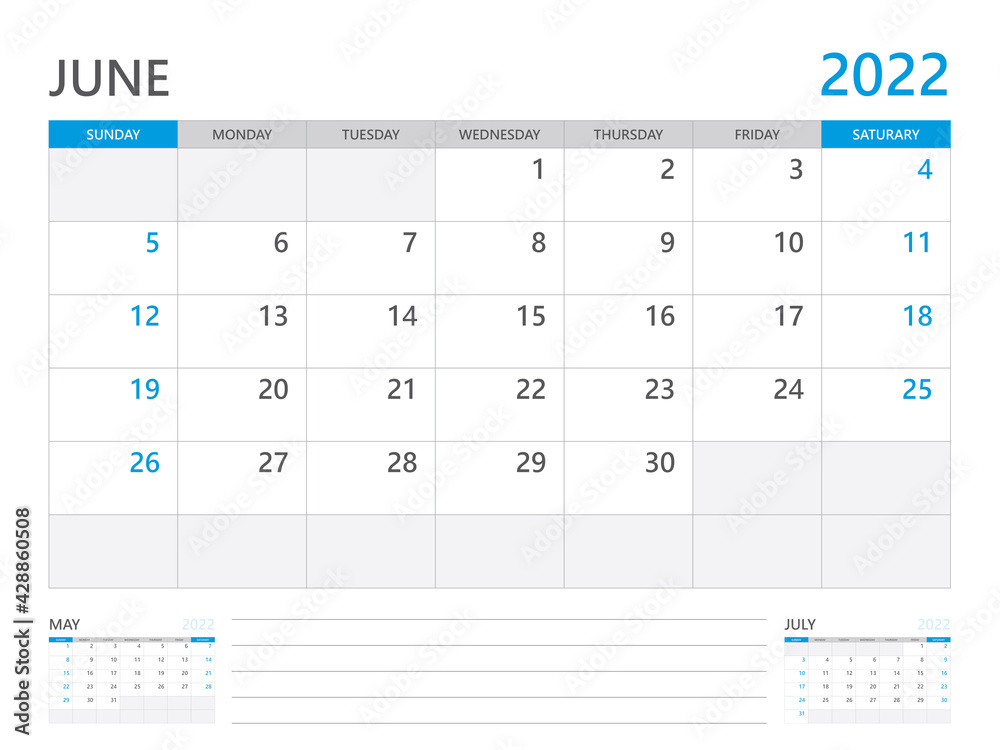 June 2022 year, Calendar planner 2022 and Set of 12 Months, week start