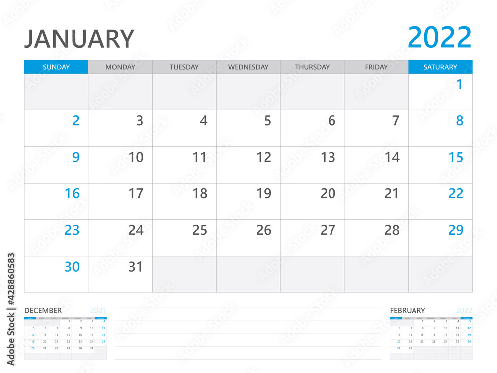 January 2022 year, Calendar planner 2022 and Set of 12 Months, week start on Sunday. Desk