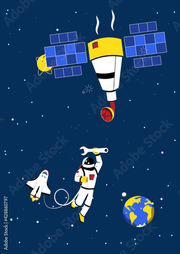 Blue space background with copy space for text. Astronomy cover Design with astronaut fixing satellite in space. Cartoon vector illustration.