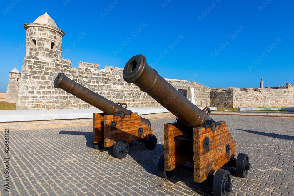 Old Spanish guns turrets of Fort of Saint Charles, or Fortaleza de San Carlos de la Cabana, facing the old fort.