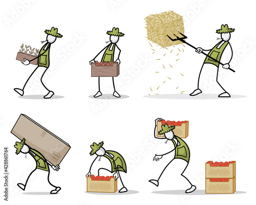 Set of farmer at outdoor activities in different poses. Print vector illustration