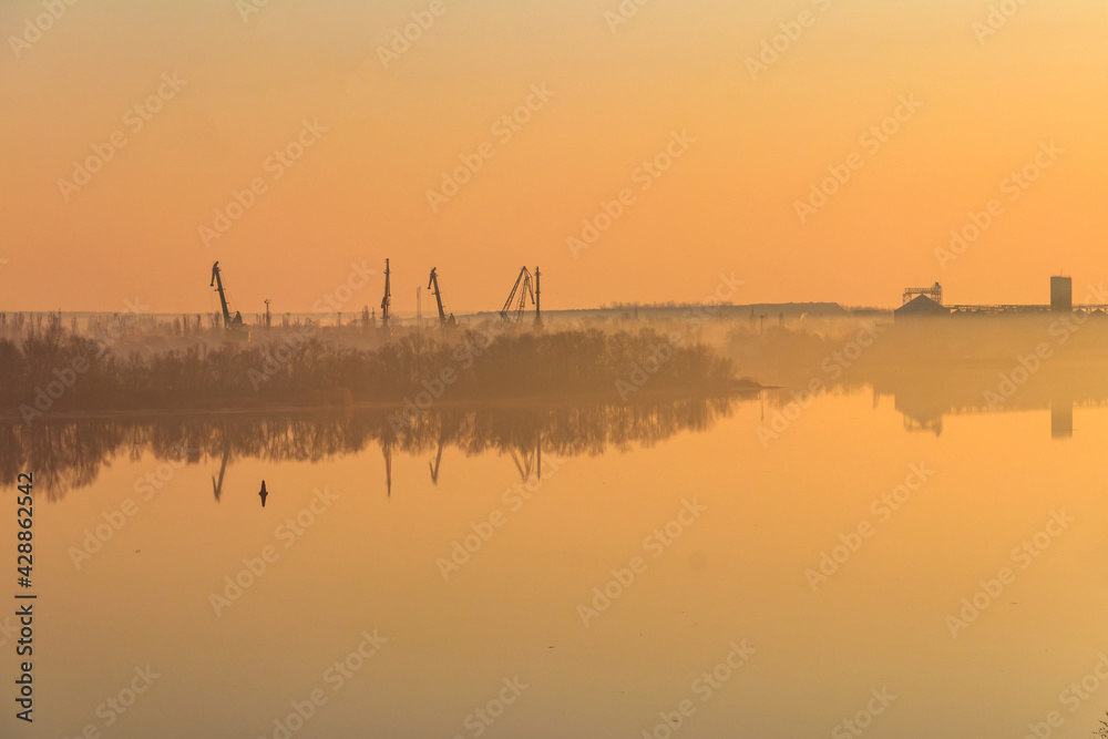 View of the Dnieper river at sunrise in Kremenchug, Ukraine
