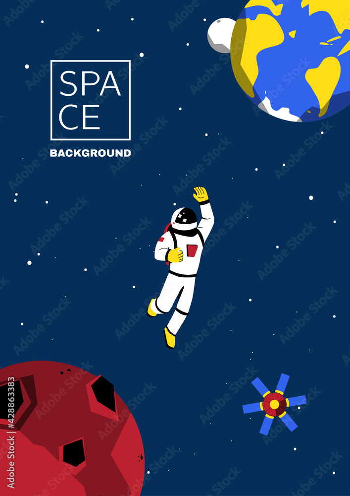 Fototapeta premium Space background with copy space. Astronomy Template Design with planet Earth and satellites, falling stars. Floating astronaut in outer space. Cartoon vector illustration. Astronomy wall art.
