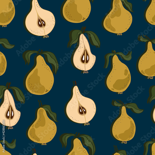 Pears with leaves, whole and chopped. Pear  seamless pattern. Background for wallpaper, fabric, paper, scrapbooking, menu and packaging